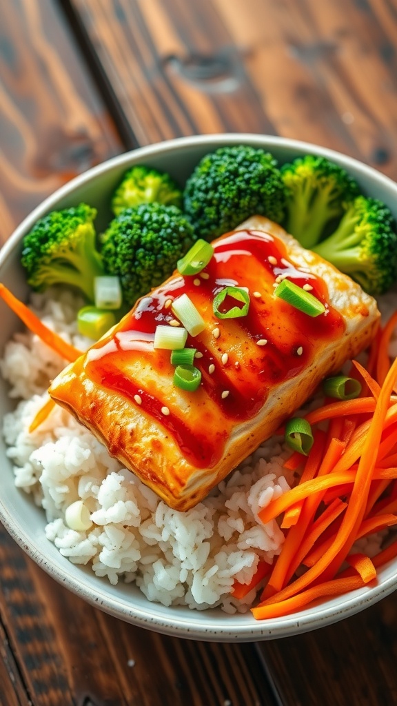 A delicious Teriyaki Glazed Tilapia Rice Bowl with jasmine rice, tilapia, broccoli, and carrots.